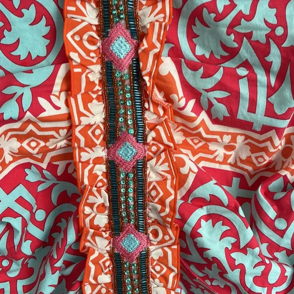 Hale Bob ruched printed ruffle front beaded sleeveless tank dress sz S - Picture 4 of 7